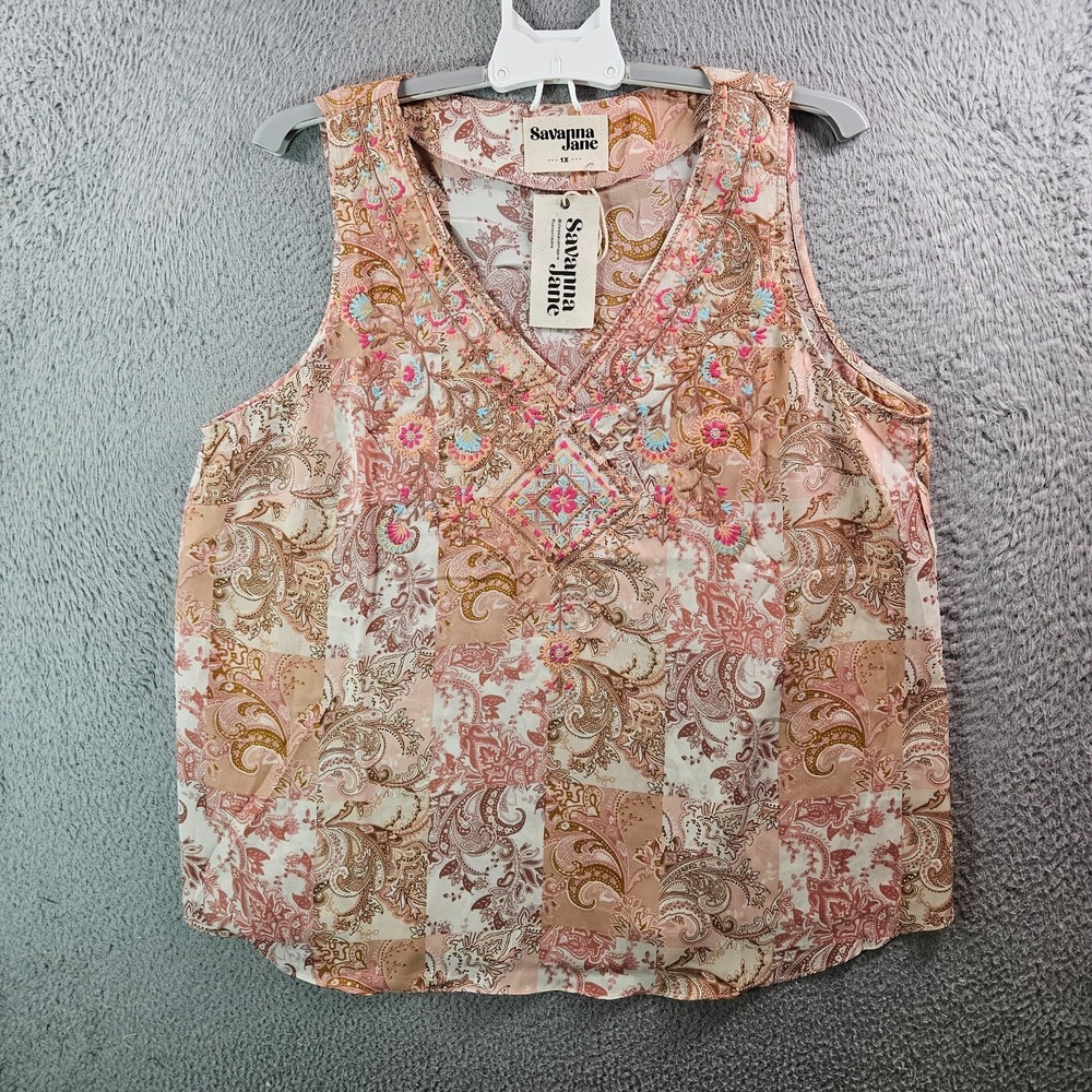NEW Savanna Jane Sleeveless Top Women 1X Embroidered Punch‎ Peach Tone